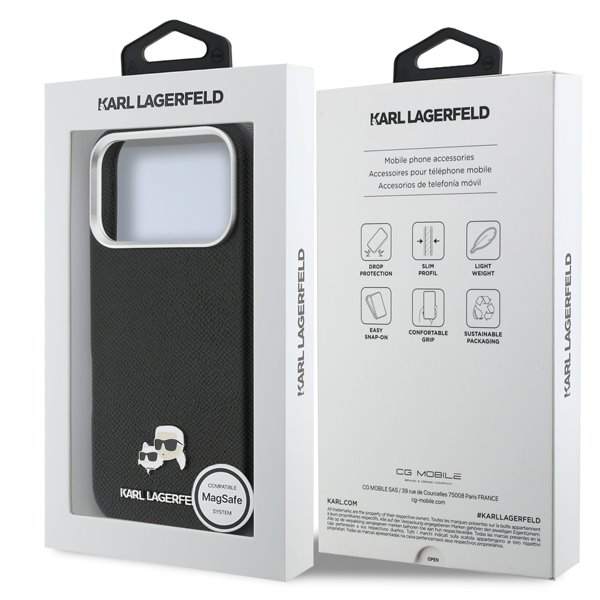 Karl Lagerfeld PU Karl and Choupette Heads Pins MagSafe kryt iPhone 17 Pro Max čierny