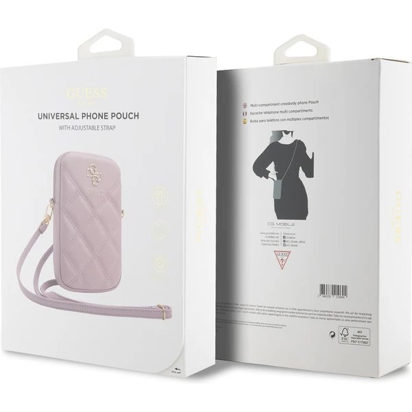 Guess PU Quilted 4G Metal Logo Brašna na Telefon se Zipem růžová