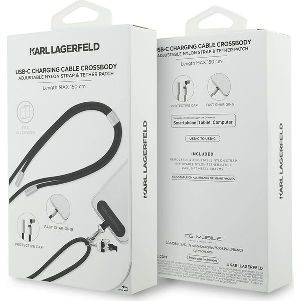 Karl Lagerfeld Ikonik Charm Popruh s Integrovaným Nabíjecím Kabelem USB-C/USB-C Black černý