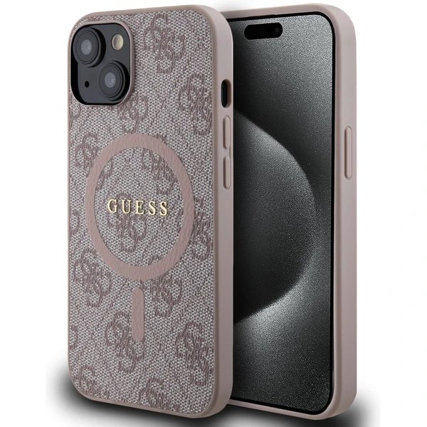 Guess PU Leather 4G Colored Ring MagSafe kryt iPhone 14 růžový