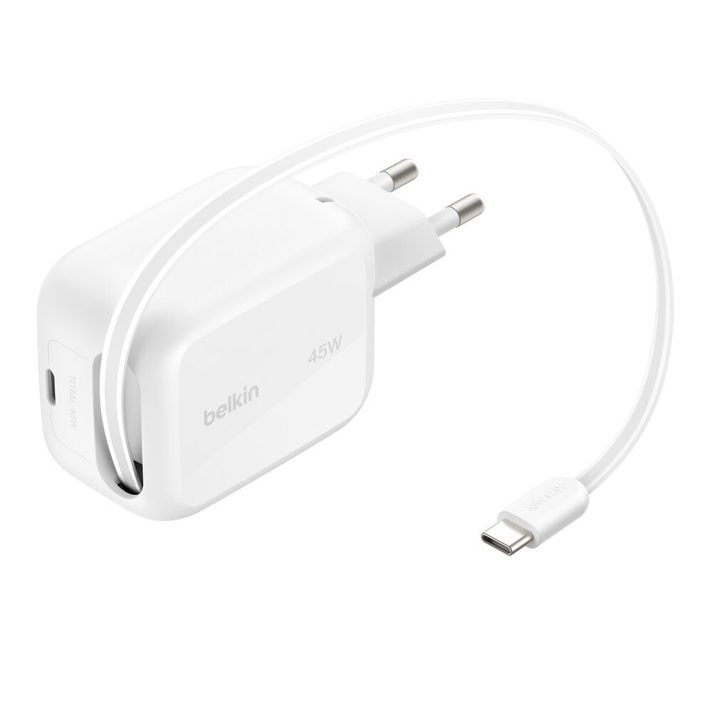 Belkin Ultra Charge USB-C GaN Wall Charger 45W + Retractabe Cable 1m - White