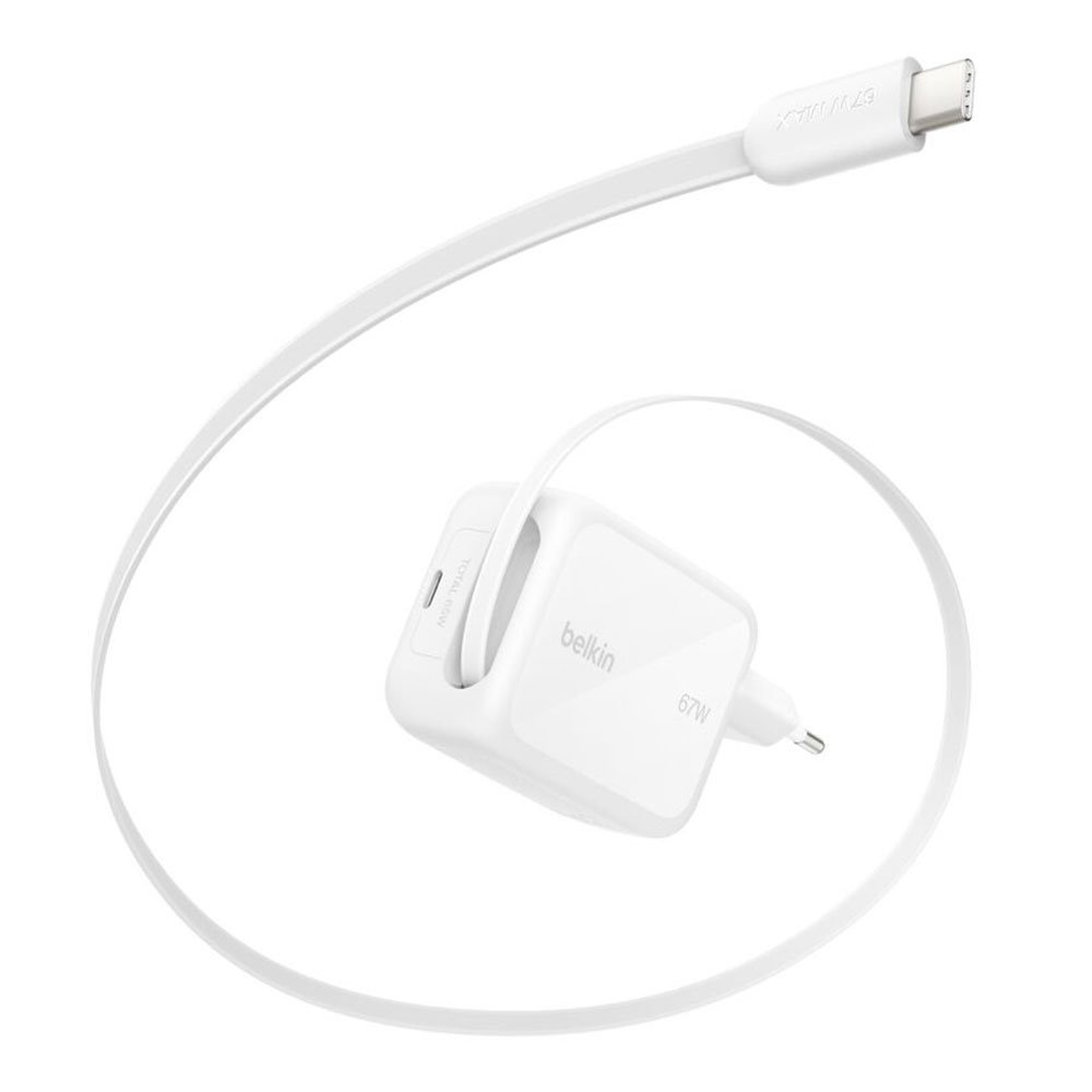 Belkin Ultra Charge USB-C GaN Wall Charger 67W + Retractabe Cable 1m - White