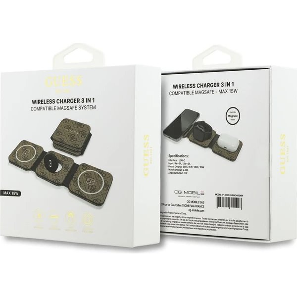 Guess PU 4G MagSafe Bezdrôtová Nabíjačka 3v1 hnedá