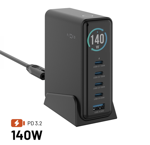 FIXED Dokovací GaN stanice s displejem 4x USB-C a USB, PD 3.2, 140W, černá