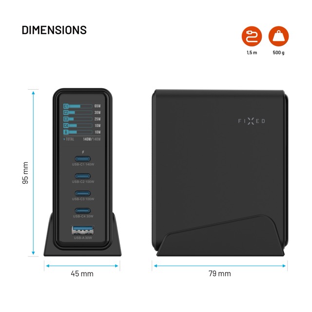 FIXED Dokovací GaN stanice s displejem 4x USB-C a USB, PD 3.2, 140W, černá