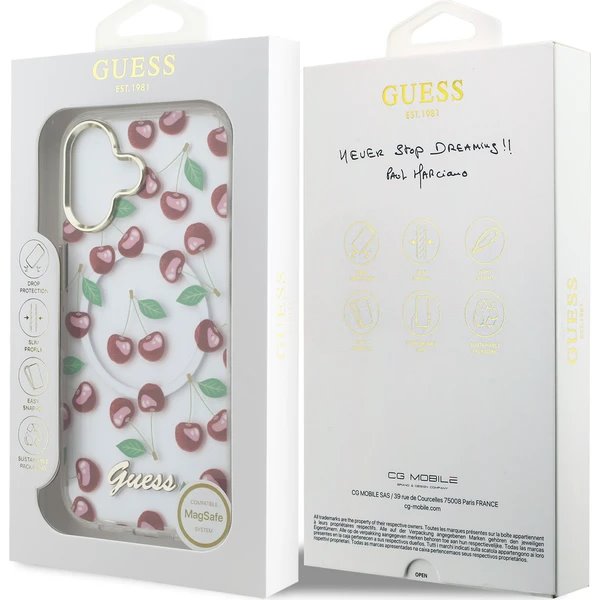 Guess IML Glitter Cherry MagSafe kryt iPhone 17 biely