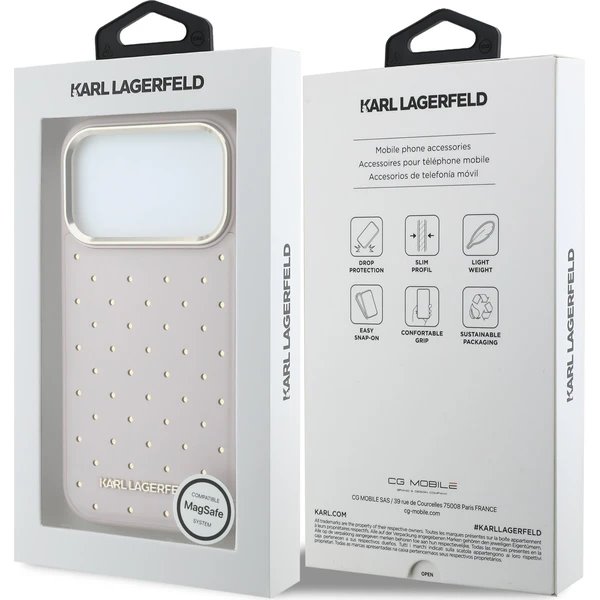 Karl Lagerfeld PU Perforated Gold Dots MagSafe kryt iPhone 17 Pro růžový