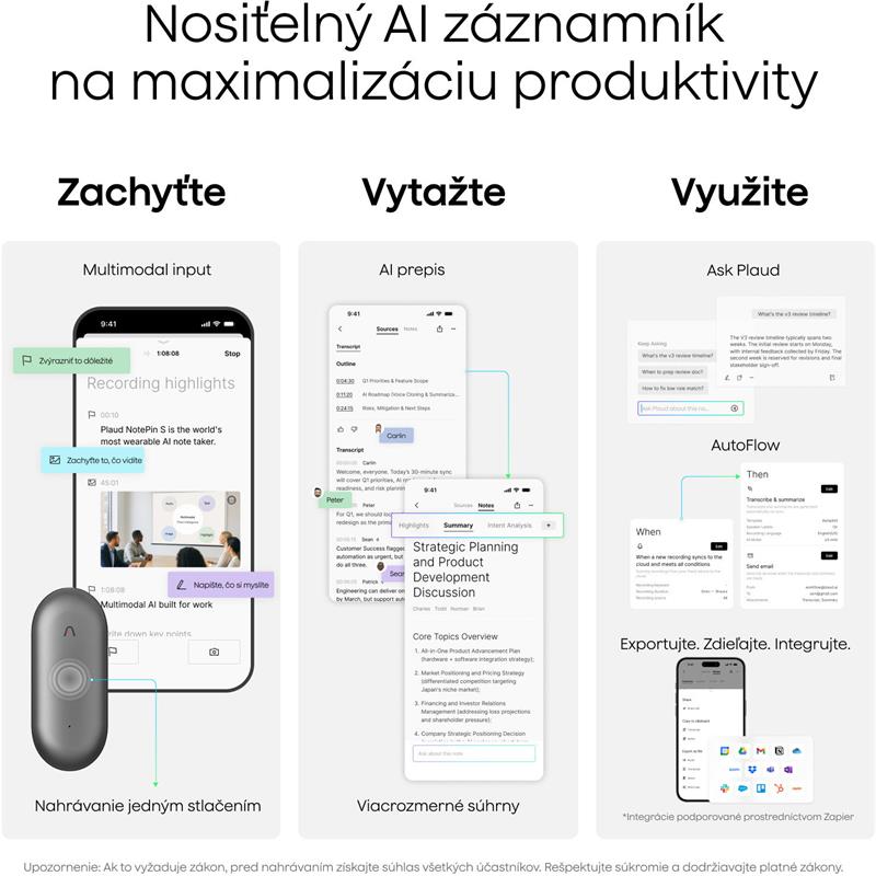 PLAUD Note Pin S Black - AI hlasový záznamník + náramok a šnúrka na krk