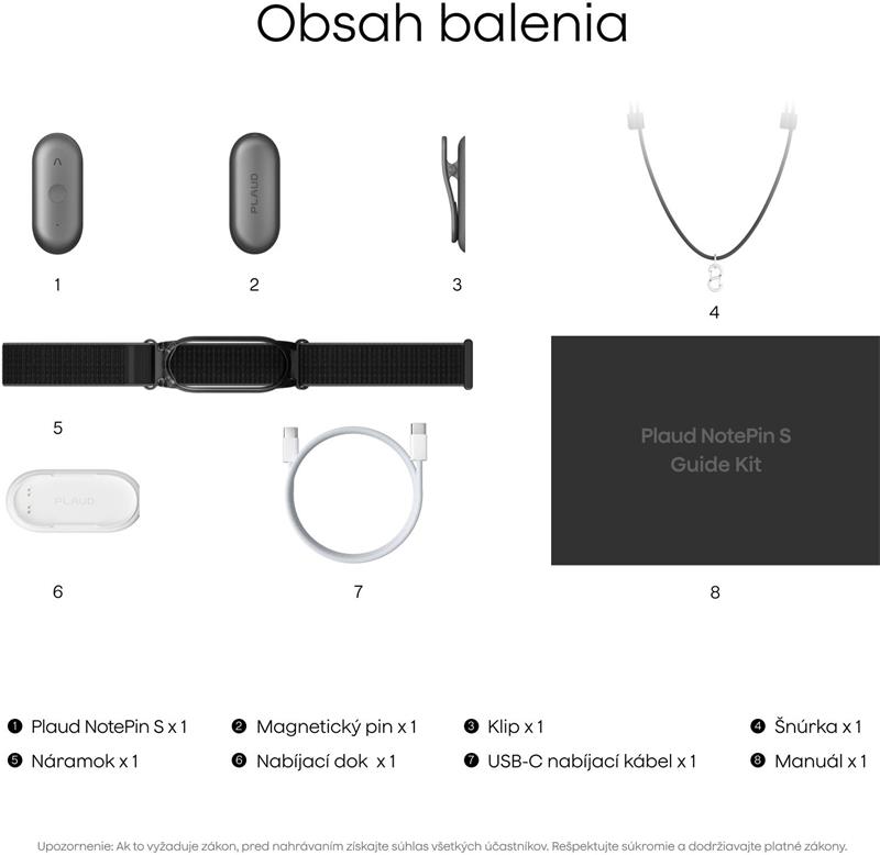 PLAUD Note Pin S Silver - AI hlasový záznamník + náramok a šnúrka na krk