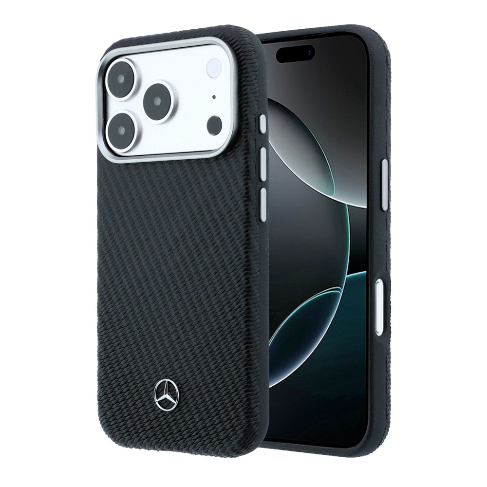 Mercedes PU Leather Wood Semi Wrap MagSafe Kryt pro iPhone 17 Pro Max černý