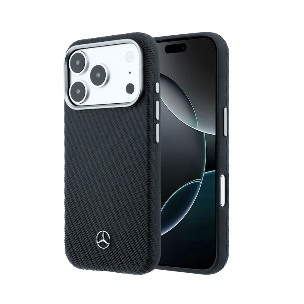 Mercedes PU Leather Wood Semi Wrap MagSafe Kryt pro iPhone 17 Pro černý