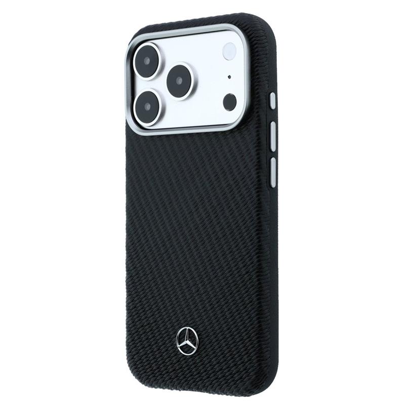 Mercedes PU Leather Wood Semi Wrap MagSafe Kryt pro iPhone 17 Pro černý