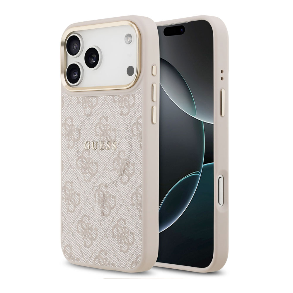 Guess PU Leather 4G Strass Triangle Logo Gold Frame MagSafe kryt iPhone 17 Pro Max ružový