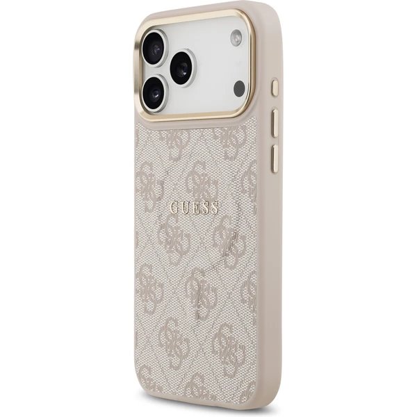 Guess PU Leather 4G Strass Triangle Logo Gold Frame MagSafe kryt iPhone 17 Pro Max ružový