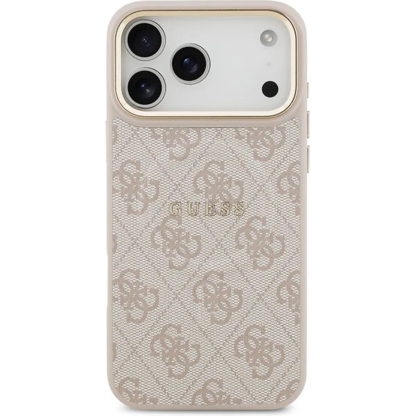 Guess PU Leather 4G Strass Triangle Logo Gold Frame MagSafe kryt iPhone 17 Pro Max ružový