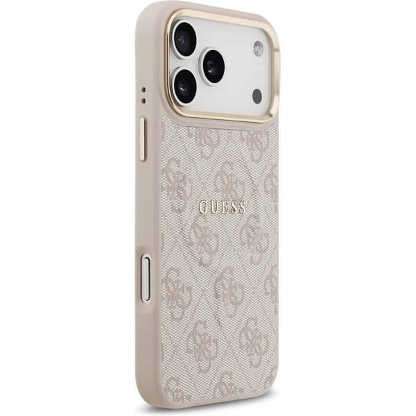 Guess PU Leather 4G Strass Triangle Logo Gold Frame MagSafe kryt iPhone 17 Pro Max ružový