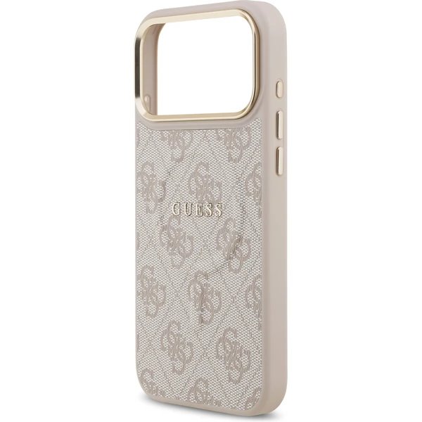 Guess PU Leather 4G Strass Triangle Logo Gold Frame MagSafe kryt iPhone 17 Pro Max ružový