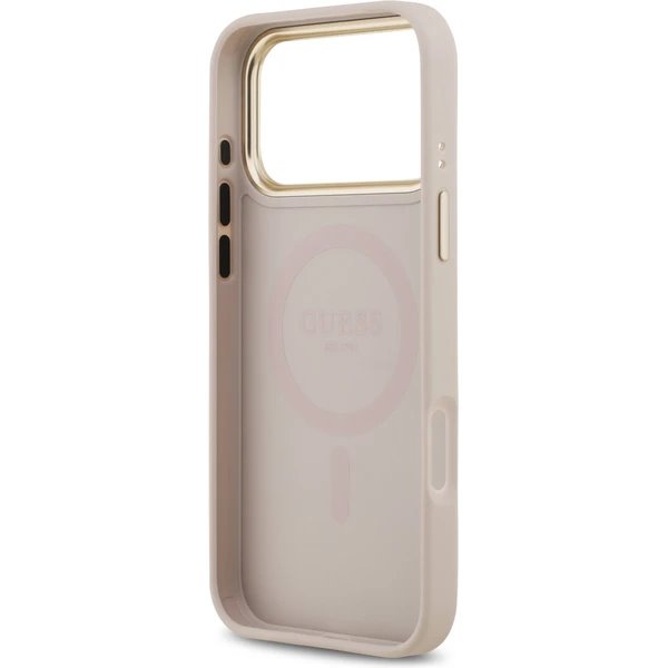 Guess PU Leather 4G Strass Triangle Logo Gold Frame MagSafe kryt iPhone 17 Pro Max ružový