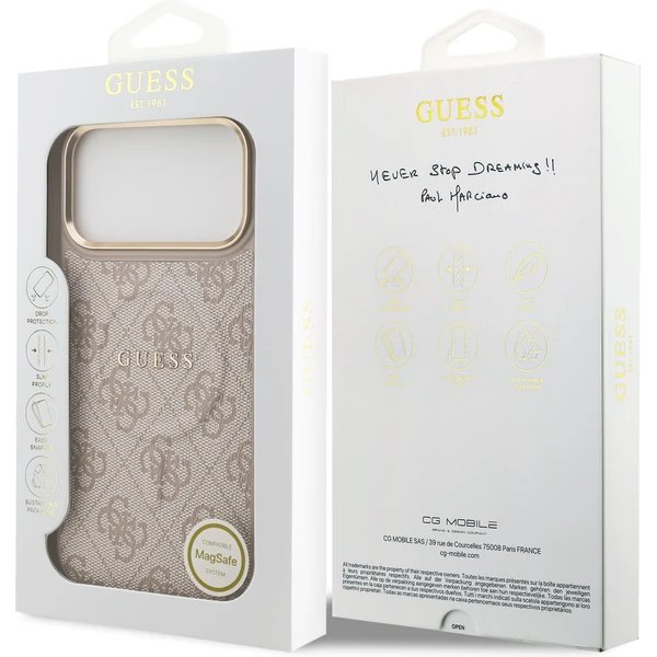 Guess PU Leather 4G Strass Triangle Logo Gold Frame MagSafe kryt iPhone 17 Pro Max ružový
