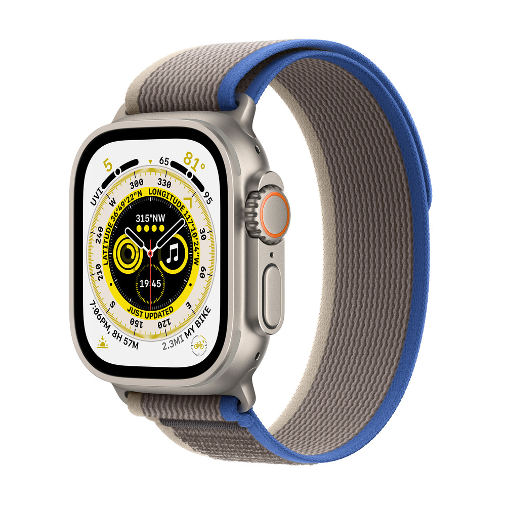 Apple Watch Ultra GPS + Cellular, 49mm titánové puzdro s modro-sivým trailovým ťahom - S/M
