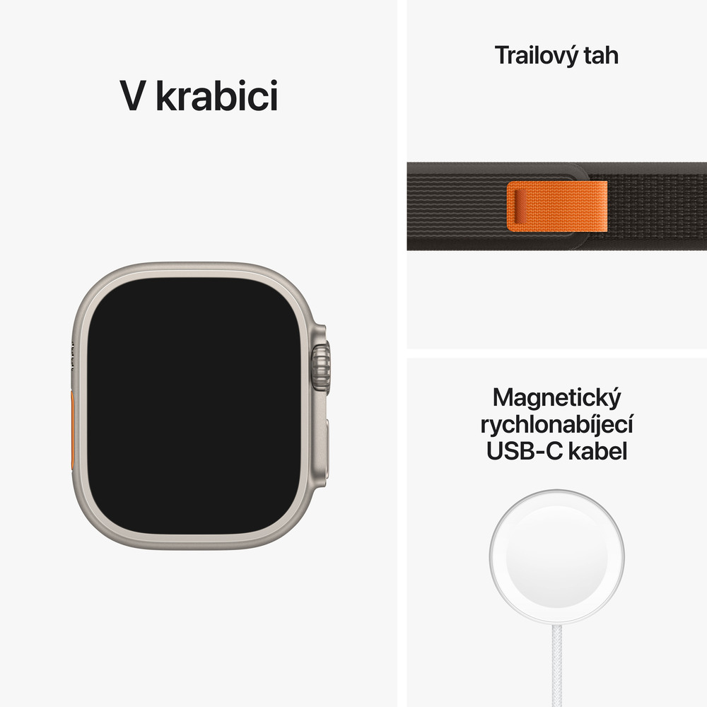 Apple Watch Ultra GPS + Cellular, 49mm titánové puzdro s čierno-sivým trailovýn ťahom - S/M