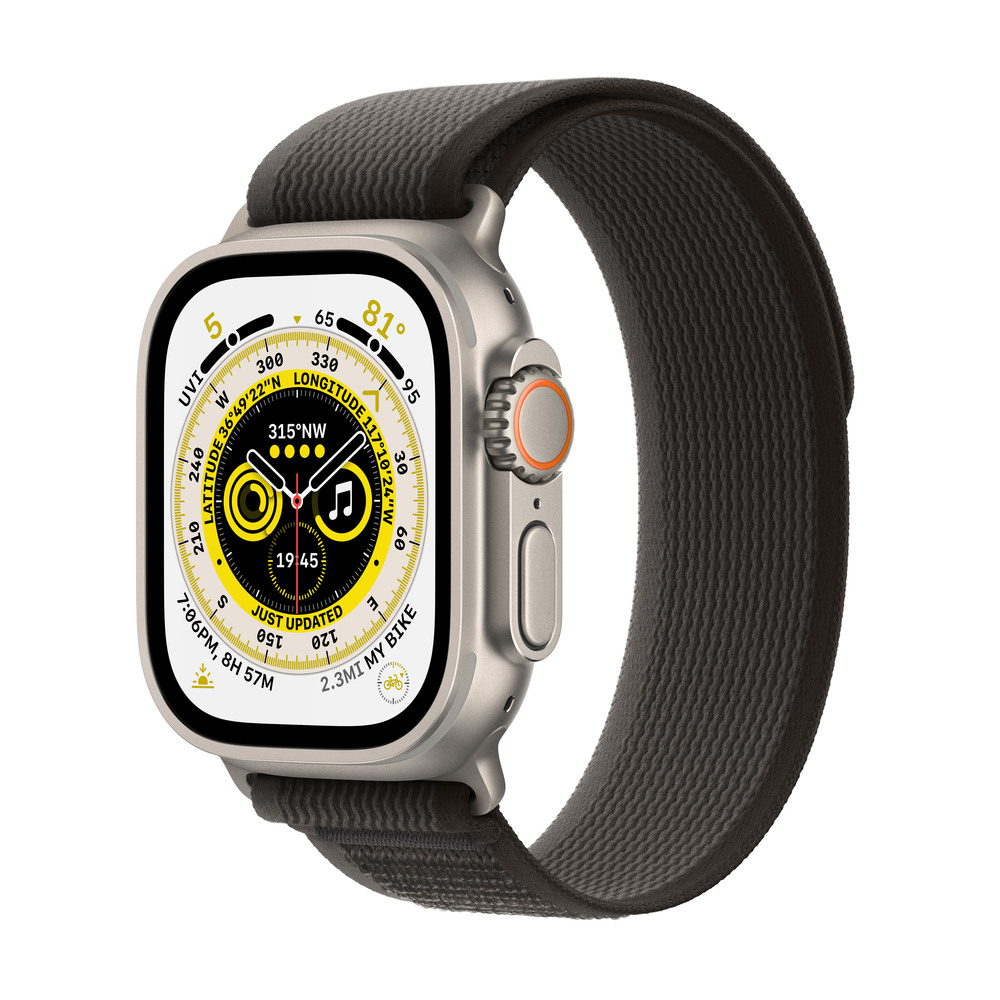 Apple Watch Ultra GPS + Cellular, 49mm titánové puzdro s čierno-sivým trailovýn ťahom - S/M