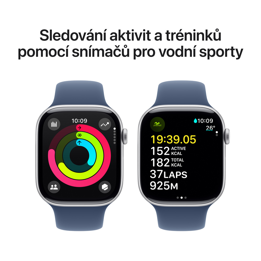 Apple Watch Series 10 GPS 46mm Stříbrný hliník s denimovým sportovním řemínkem - S/M