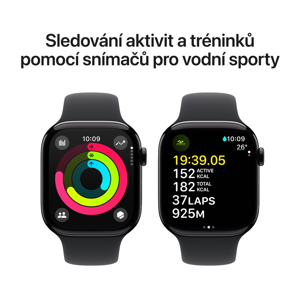 Apple Watch Series 10 GPS + Cellular 46mm Klavírně černý hliník s černým sportovním řemínkem - S/M