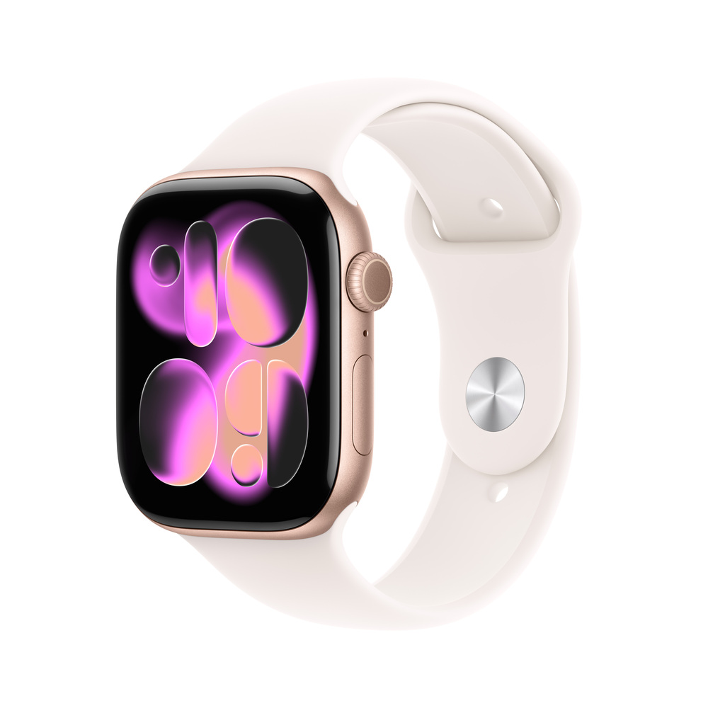 Apple Watch Series 11 GPS 42mm Růžově zlatý hliník se světle ruměným sportovním řemínkem - M/L