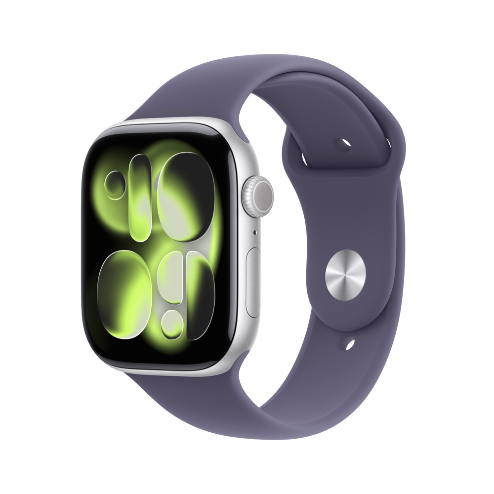 Apple Watch Series 11 GPS + Cellular 46mm Stříbrný hliník s mlžně fialovým sportovním řemínkem - M/L