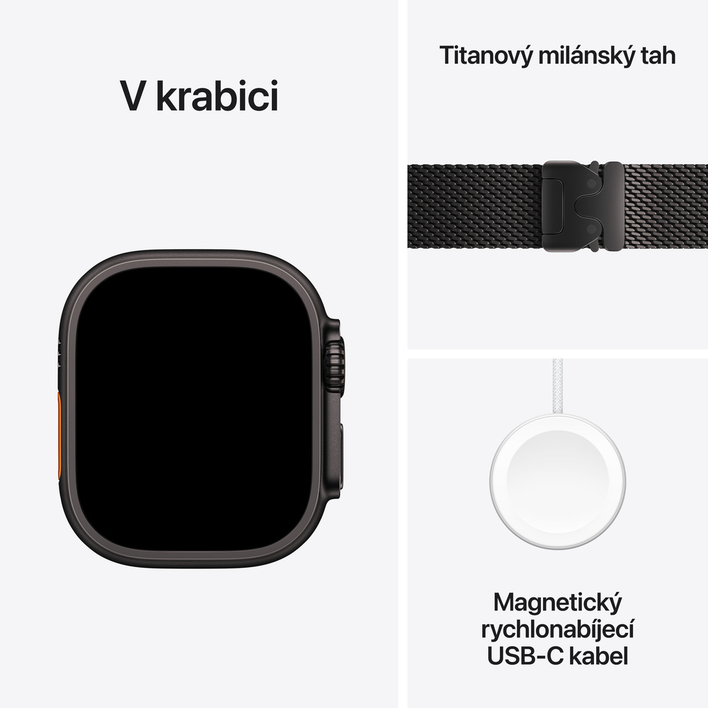 Apple Watch Ultra 3 GPS + Cellular 49mm Černý titan s černým titanovým milánským tahem - Střední