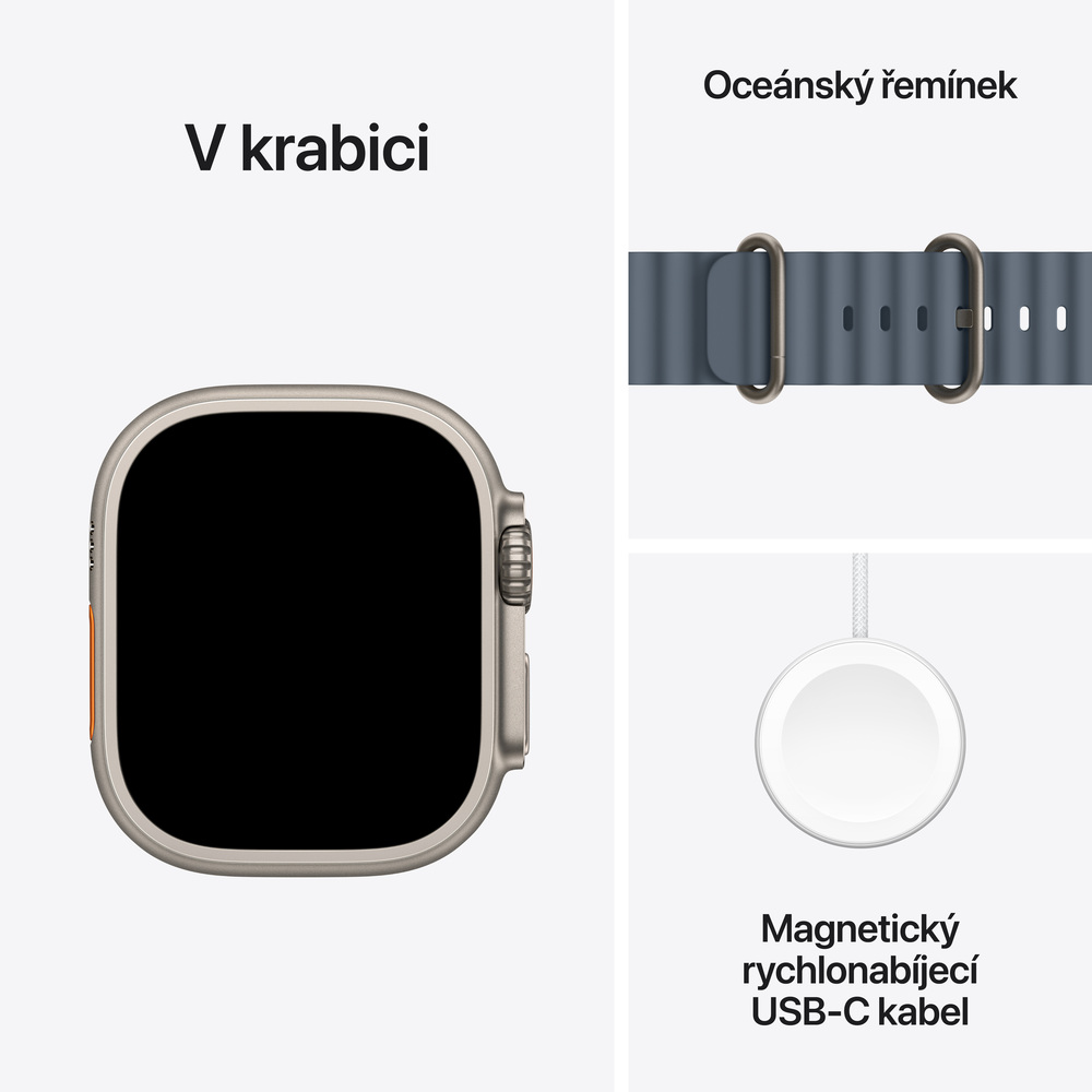 Apple Watch Ultra 3 GPS + Cellular 49mm Natural Titanium pouzdro s kotevním modrým oceánským pásem