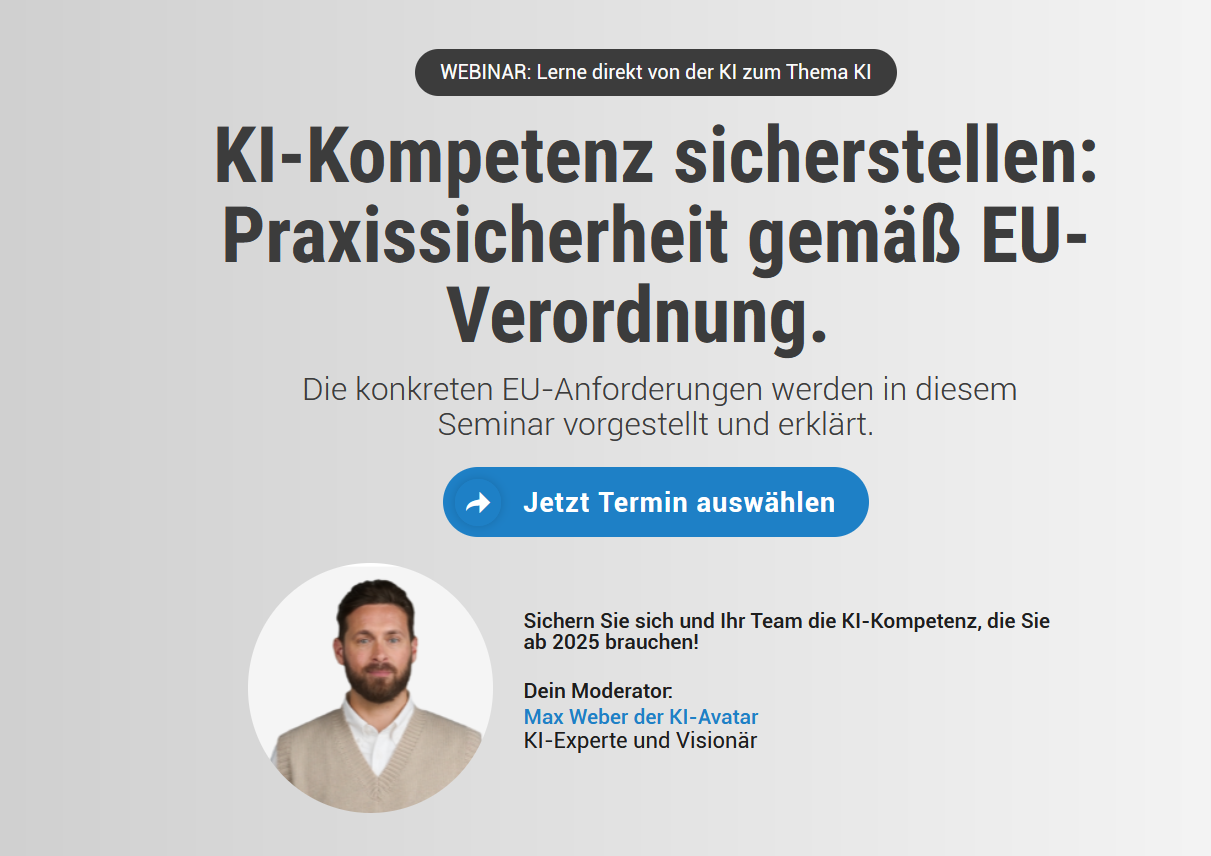 online WEBINAR: "KI-Kompetenz für Mitarbeiter: Praxissicherheit gemäß EU-Verordnung".