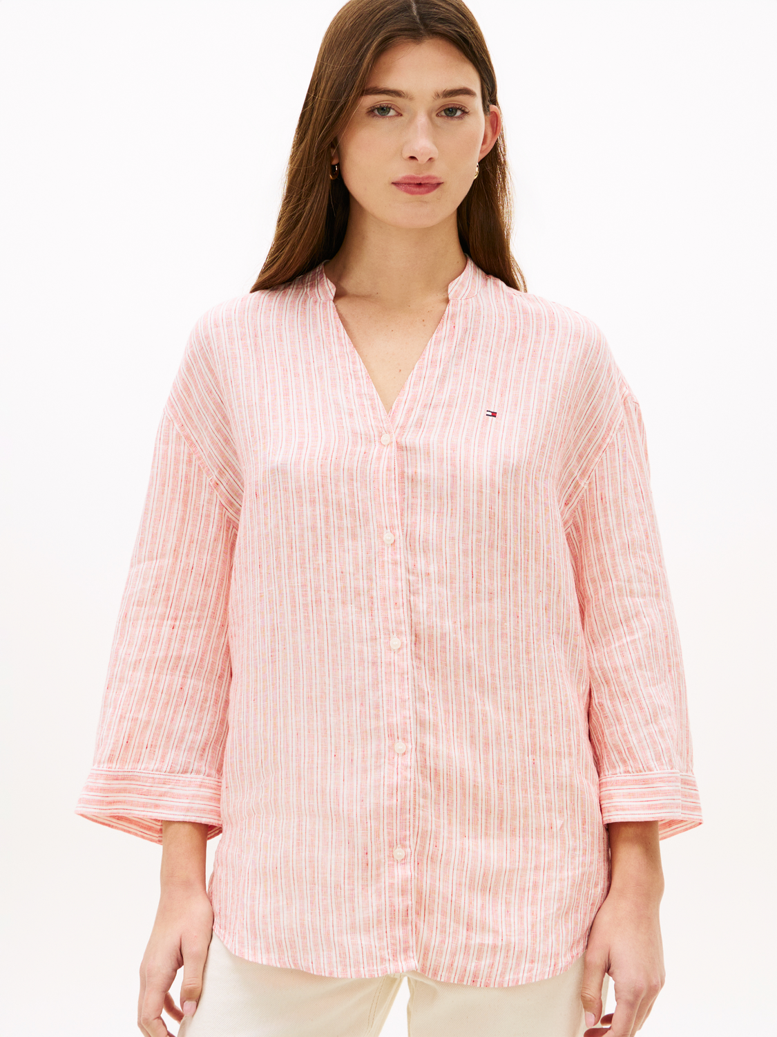 ESS LINEN COLLARLESS SHIRT female