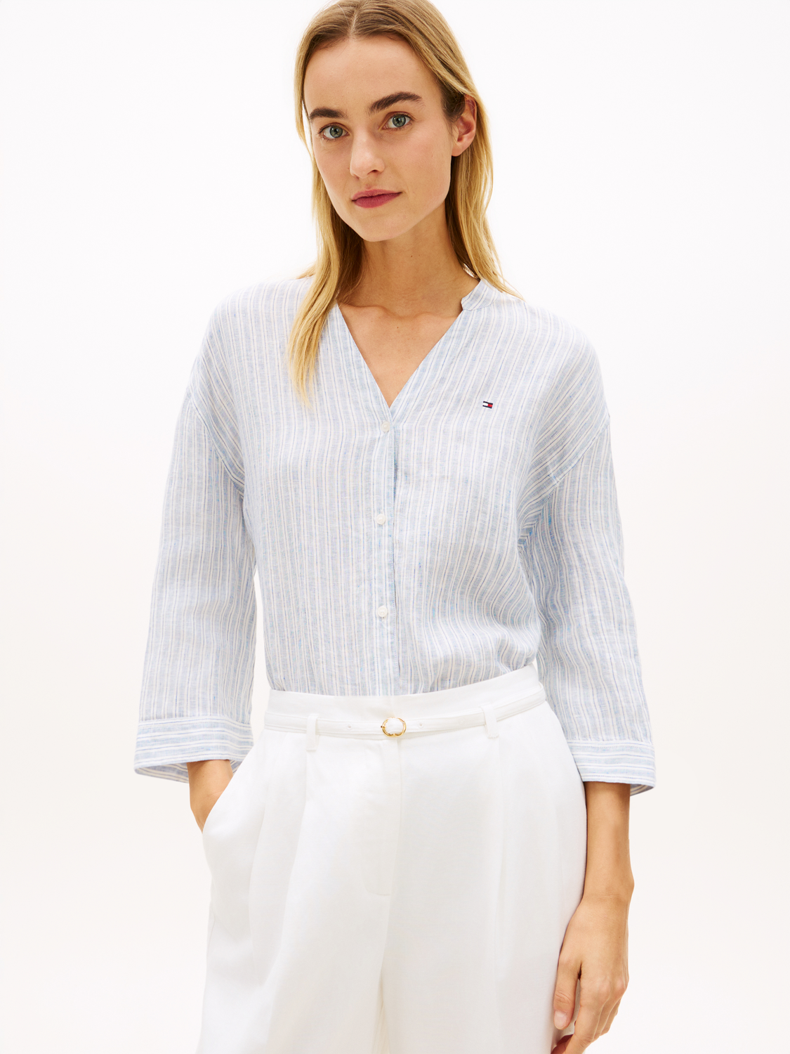 ESS LINEN COLLARLESS SHIRT female