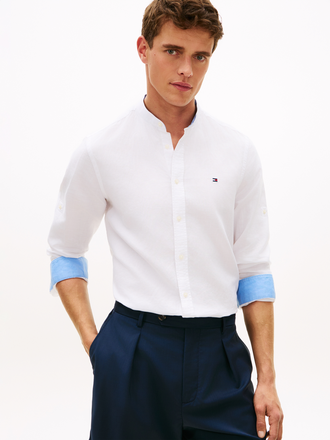 Slim Fit Band Collar Linen Blend Shirt