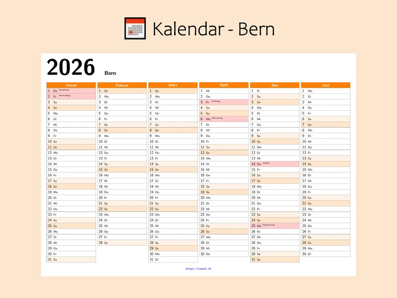 2026 Bern Public Holidays Calendar | Printable Yearly Planner (PDF Download)