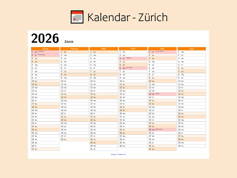 2026 Zürich Public Holidays Calendar | Printable Yearly Planner (PDF Download)