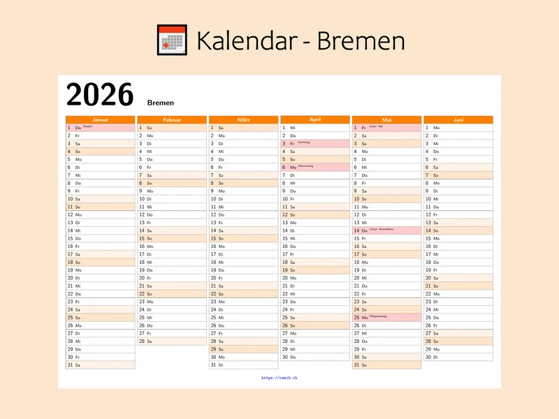 2026 Bremen Public Holidays Calendar | Printable Yearly Planner (PDF Download)