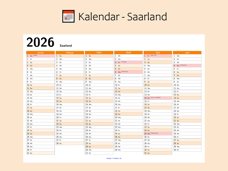 2026 Saarland Public Holidays Calendar | Printable Yearly Planner (PDF Download)