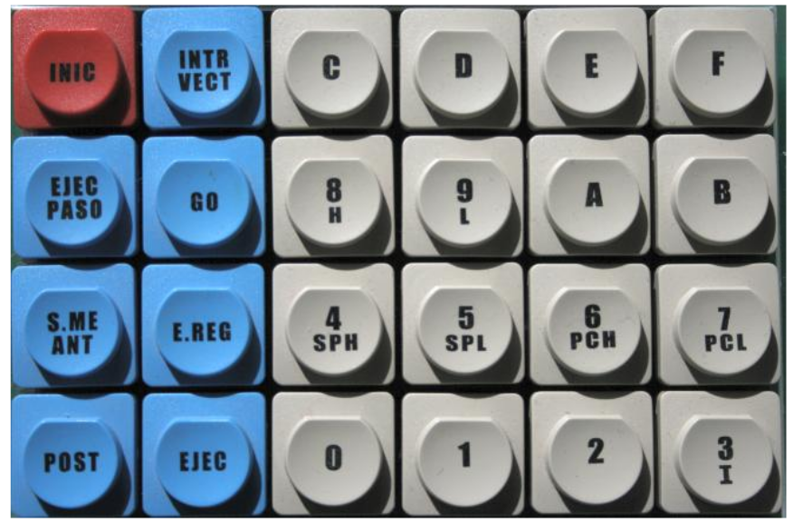 Detalle del teclado uP-2000 con teclas de comando INIC, GO, EJEC y teclado hexadecimal numérico