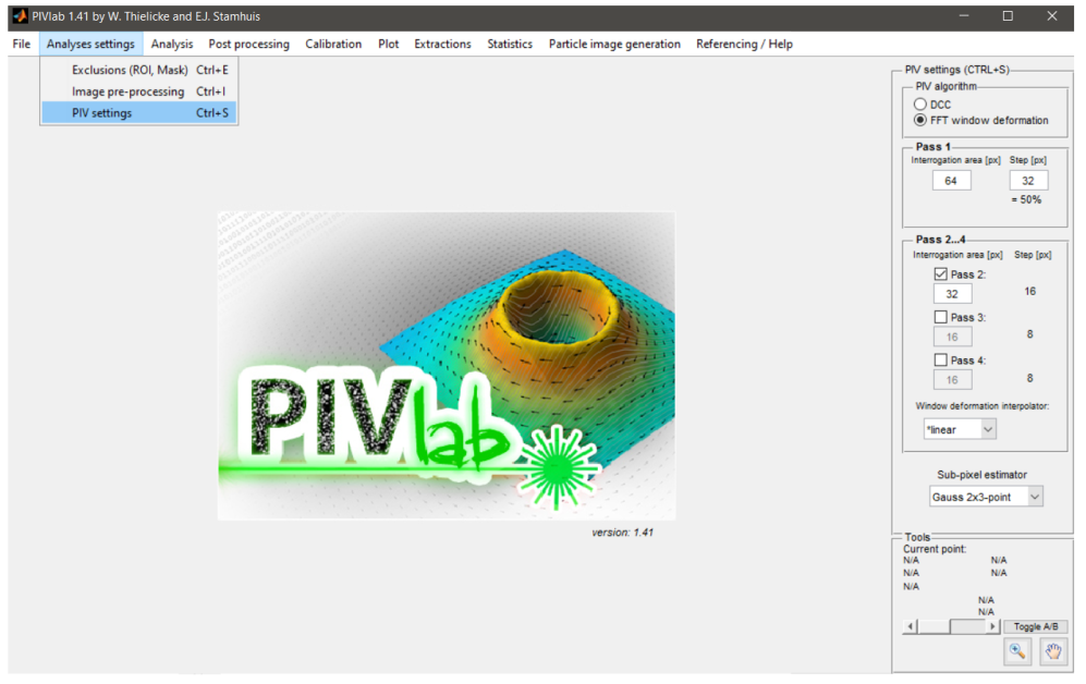 Interfaz gráfica de usuario de PIVlab mostrando herramientas de análisis de velocimetría