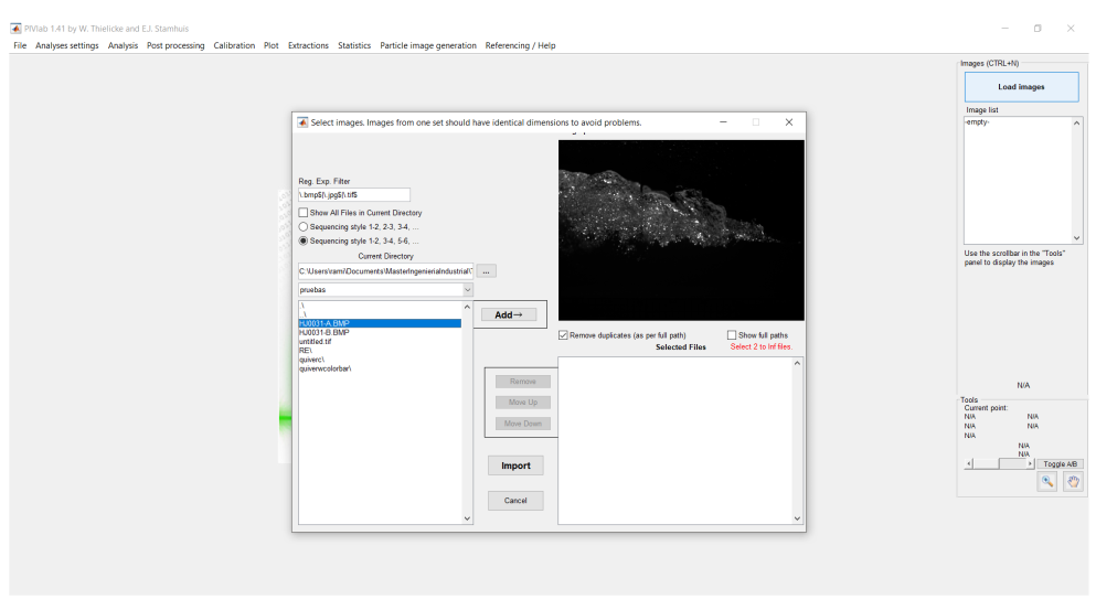 Ventana de carga de imágenes en PIVlab para secuencias de análisis PIV