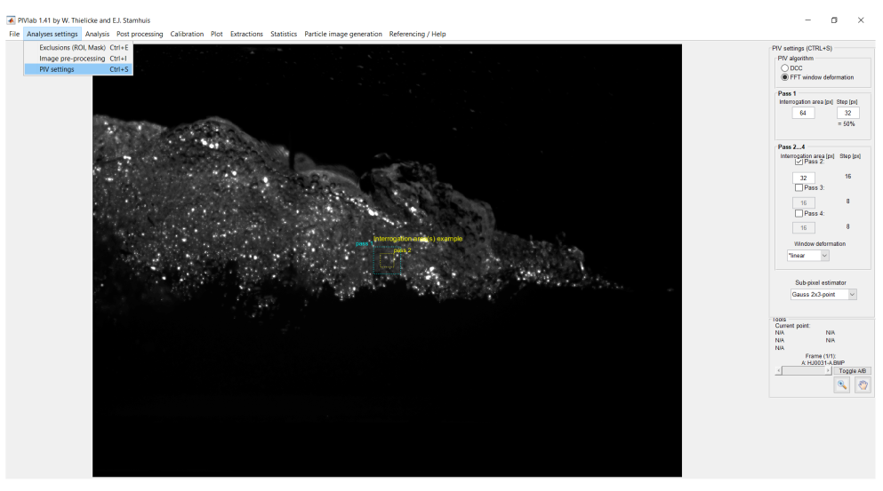 Configuración de parámetros de correlación PIV en software de análisis