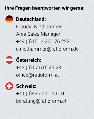 Ihre Fragen beantworten wir gerne:   Deutschland: Claudia Niethammer Area Sales Manager  +49 (0)151   261 76 222 c ni   