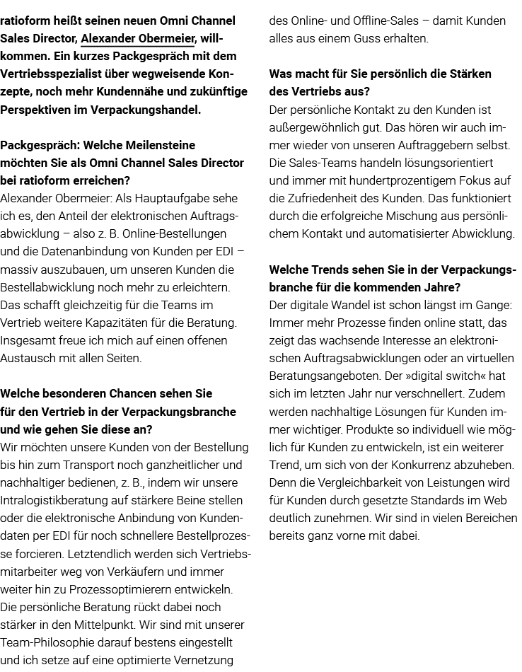  ratioform heißt seinen neuen Omni Channel Sales Director, Alexander Obermeier, will kommen  Ein kurzes Packgespräch    