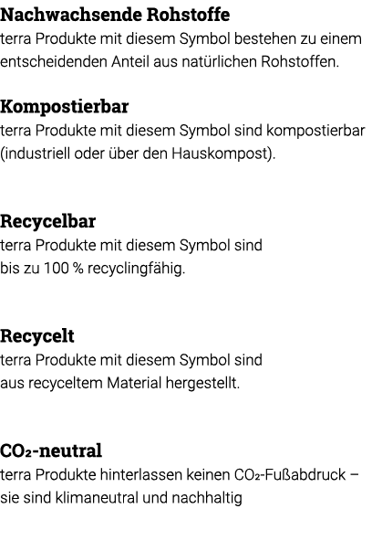 Nachwachsende Rohstoffe terra Produkte mit diesem Symbol bestehen zu einem entscheidenden Anteil aus natürlichen Rohs   