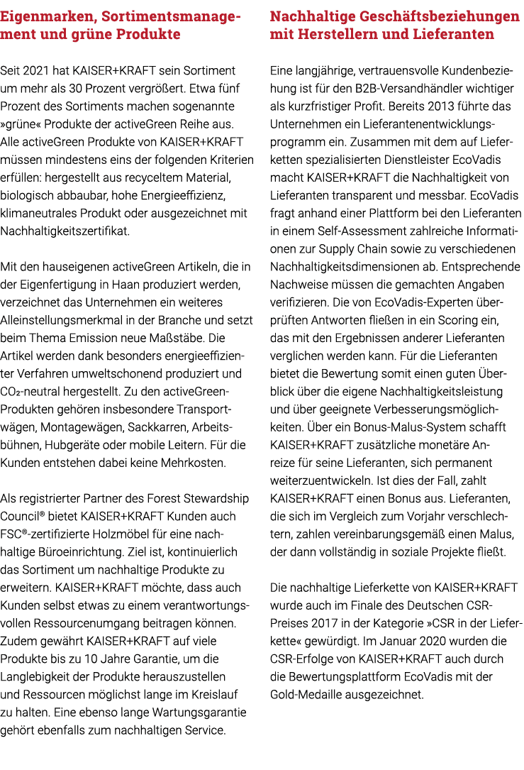 Eigenmarken, Sortimentsmanagement und grüne Produkte Seit 2021 hat KAISER+KRAFT sein Sortiment um mehr als 30 Prozent   