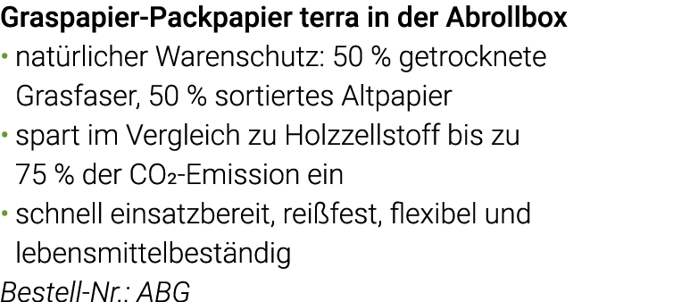 Graspapier-Packpapier terra in der Abrollbox natürlicher Warenschutz: 50 % getrocknete Grasfaser, 50 % sortiertes Alt   