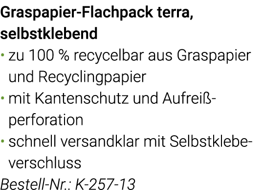 Graspapier-Flachpack terra, selbstklebend zu 100 % recycelbar aus Graspapier und Recyclingpapier  mit Kantenschutz un   
